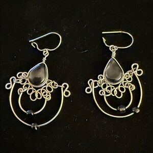 Elegant Silver& Black glass Dangle Earrings handmade in Peru